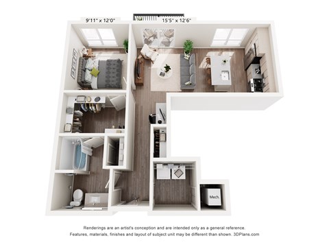 Floor plan for 1 bed, 1 bath, 827 sqft